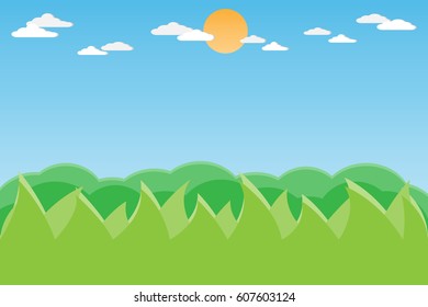 nature mountain hill perspective from grass to sky with sun shine.vector and illustration