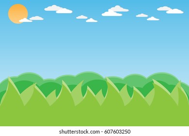 nature mountain hill perspective from grass to sky with sun shine.vector and illustration