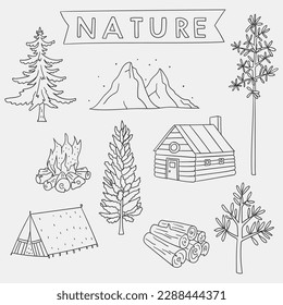 Ilustración de la montaña de la naturaleza paquete árbol paisaje de la cabaña forestal