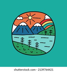 Nature Mountain Lake And Rainbow, Design For T-shirt, Sticker, Badge, Kids Stuff, Etc