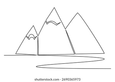 Nature mountain landscape continuous one line drawing in minimal modern outline vector illustration on white background
