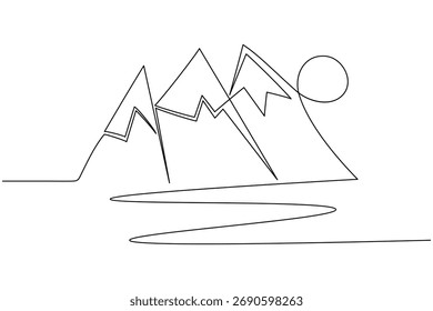 Natur Berglandschaft durchgehende einzeilige Zeichnung in minimalem modernen Umriss, Vektorgrafik auf weißem Hintergrund