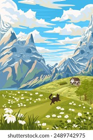 Nature and mountain landscape. Vector cartoon illustration of mountains, sky, clouds,  flowers, plants, fields and cats. Hand drawn concept art for prints, cover or card designs, art decoration.