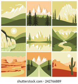 Nature mountain landscapes tourism decorative icons set isolated vector illustration