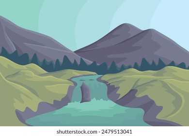 Nature Mountain River Landscape Painting Style Vector