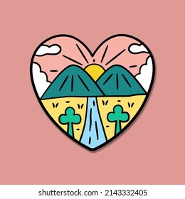 Nature mountain and river in love shape. design for t-shirt, kids stuff,sticker etc