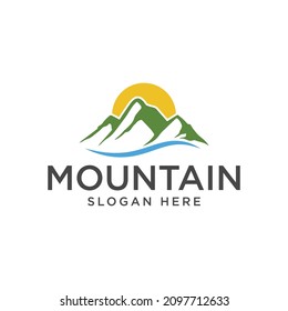 Nature Mountain With River And Sun Logo Design Template