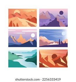 Nature Mountain Scene and Landscape View with Cliff and Summit Silhouette Vector Set