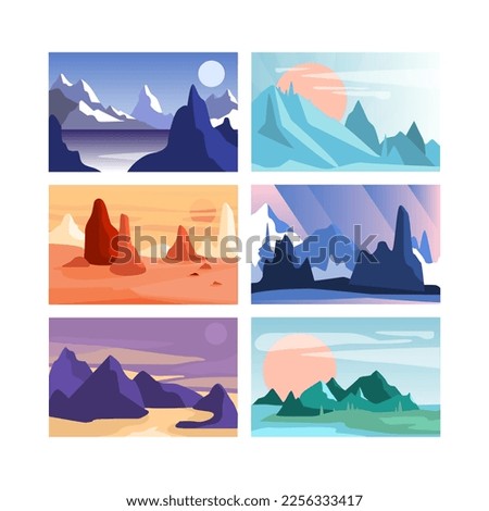 Nature Mountain Scene and Landscape View with Cliff and Summit Silhouette Vector Set