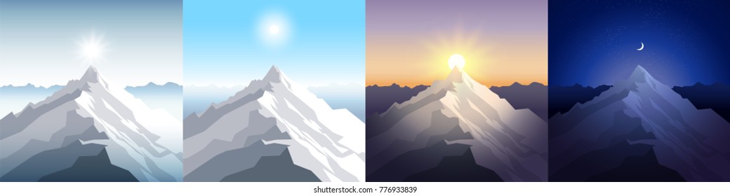 Nature mountain set. A midday sun, dawn, sunset, night in the mountains. Landscapes with peak. Mountaineering, traveling, outdoor recreation concept. Abstract vector backgrounds for web, prints etc.