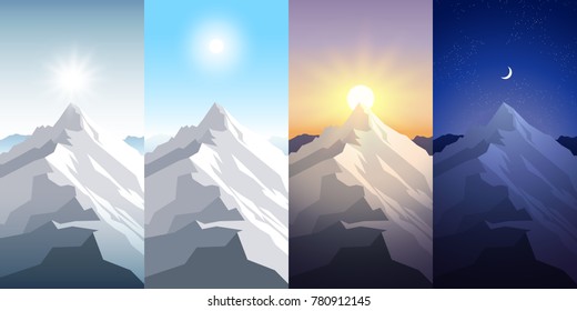 Nature Mountain Set. A Midday Sun, Dawn, Sunset, Night In The Mountains. Landscapes With Peak. Mountaineering, Traveling, Outdoor Recreation Concept. Abstract Vector Backgrounds For Web, Prints Etc.