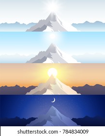Nature mountain set. A midday sun, dawn, sunset, night in the mountains. Landscapes with peak. Mountaineering, traveling, outdoor recreation concept. Abstract vector backgrounds for web, prints etc.