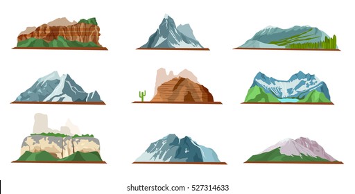 Nature mountain silhouette elements set. Outdoor icon hill tops. Ice-hill, barrow mountain heap pile mount. Trees, lake near mountains. Camping landscape travel climbing or hiking mountains. Vector