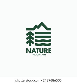 Naturaleza montaña y árbol abstracto negrita lineal logo minimalista vector icono ilustración