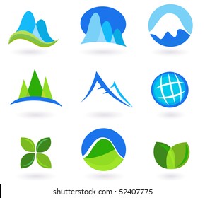 Nature, mountain and turism icons - blue and green. Nature, turism and mountains icon set. Collection of 9 design elements inspired by nature, environment, tourism and travel.