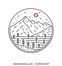 Nature Mountain wildlife star sky in mono line art design, for t-shirt, sticker, badge, etc