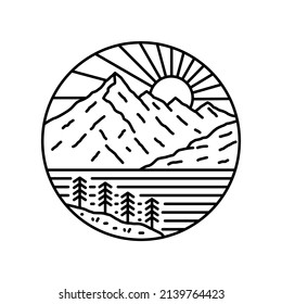 Nature Mountain wildlife sunrise in mono line art design, for t-shirt, sticker, badge, etc