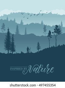 Nature mountains background. Forest tree and fog.