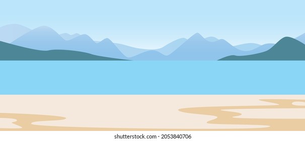 Nature mountains, copy space template. Flat vector stock illustration. Mountains and lake as a backdrop for an overlay. Natural mountain landscape with place for text. Illustration no people