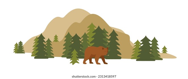 Nature, mountains, forest, grizzly bear. The concept of a national reserve, a park. Simple flat vector graphics on white background.