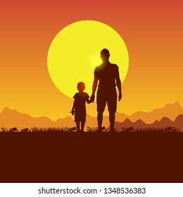 Nature, mountains, hills and sunset. Father and son camping. Silhouette of people on the sun background. Spring family picnic trip. Summer travel with a child.