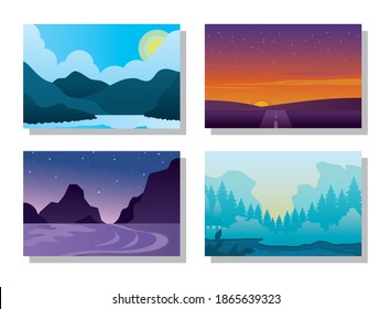 Nature mountains landscape icon set over white background, colorful design, vector illustration