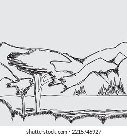 nature and mountains landscape illustration design, hand drawn style in black