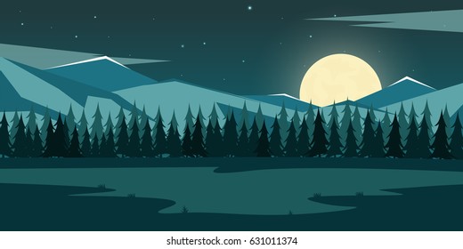 Nature mountains landscape. Moonlight. Rocky mountains and pine forest. Evening