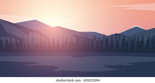 Nature mountains landscape. Rocky mountains and pine forest. Evening