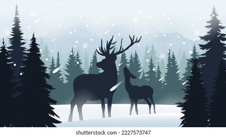 Nature mountains landscape silhouette. Winter coniferous forest with snow falling, frozen weather. Animals in the pine forest, deer stay in the woods. Vector illustration. Christmas background. 