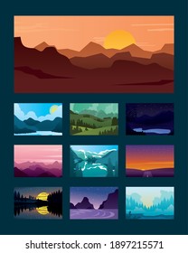 Nature mountains landscapes icon set over blue background, colorful design, vector illustration