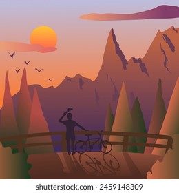 In nature in the mountains, male cyclist admiring the sunset while standing next to his bicycle. Vector illustration banner world bicycle day of the third of june. The evening shadows of the bird and