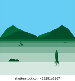 Nature with mountains ranges and green fields for illustration, sign, symbol, logo, silk screen, sticker, background and backdrop, etc.