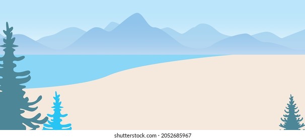 Nature mountains and sea, copy space template. Flat vector stock illustration. Seascape with hills. Panorama landscape to overlay. Mountain resort and nobody. Illustration  or  template