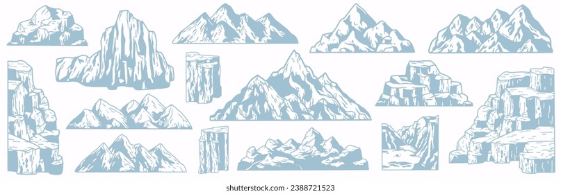 Nature mountains set. Outdoor landscapes with winter rocks for design. Beautiful hill, peak and top for adventure, wanderlust or explore.