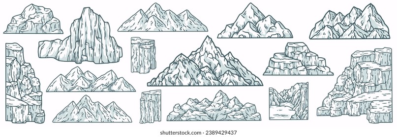 Nature mountains set. Outdoor landscapes with winter rocks for design. Beautiful hill, peak and top for adventure, wanderlust or explore.