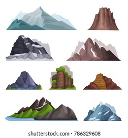 Nature mountains set, variety of mountain massif vector Illustrations