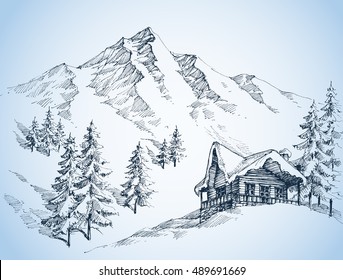 Nature in the mountains sketch, Winter landscape and winter holiday hut