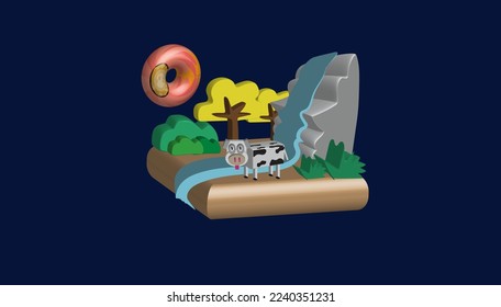 nature mountains streams trees wildlife cows sun donuts in 3d