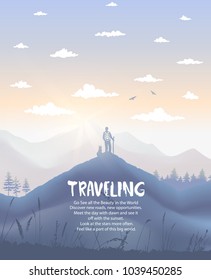 Nature mountains with traveler and dog. Beautiful view on landscape. Vector illustration