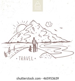 Nature mountains with traveler and dog. Hand drawn sketch. Beautiful vector illustration