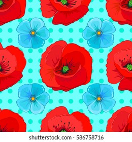 Nature multicolored flowers vector seamless pattern on a blue background.
