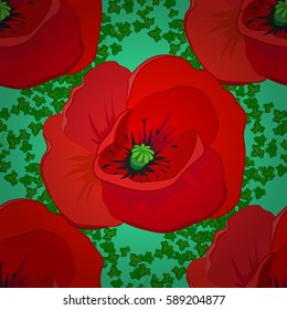 Nature multicolored flowers vector seamless pattern on a green background.