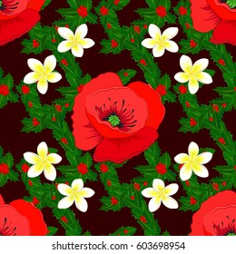 Nature multicolored poppy flowers. Abstract seamless pattern on a brown background. Vector background illustration.