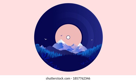 Nature music - Vinyl record with landscape mountain and forest. The sound of nature concept. Vector illustration.