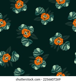 Nature, mystical forest, abstract flowers. Dark green background. Seamless pattern in green, orange colors. Hand drawing, vector