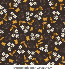 Nature, mystical forest, insects, abstract flowers. Dark brown background. Seamless pattern in brown, yellow colors. Hand drawing, vector