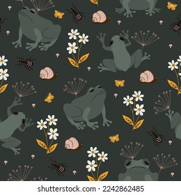 Nature, mystical forest, mushrooms, flowers, insects, snails, ants, frogs. Dark green background. Seamless pattern in green, yellow colors. Hand drawing, vector
