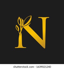 nature N alphabet leaf gold vector