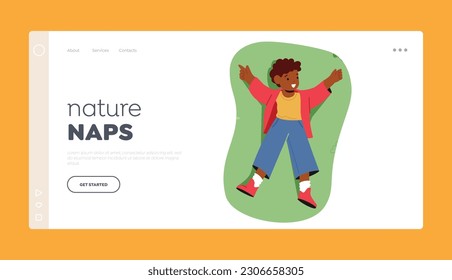 Nature Naps Landing Page Template. Black Boy Character Resting On Lush Green Meadow, Viewed From Above. With The Contrasting Colors Of His Attire Against The Vibrant Grass. Cartoon Vector Illustration